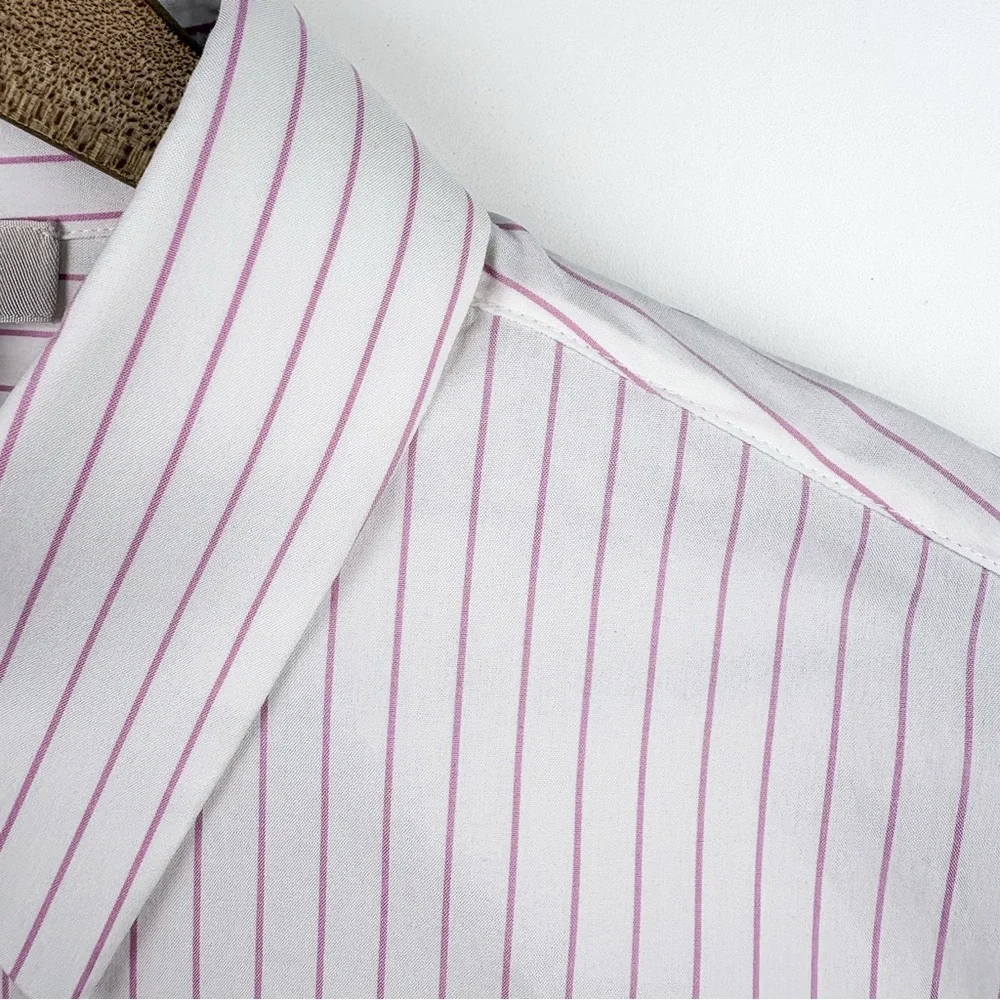 Lafayette 148 New York Striped Button Down Cotton Shirt Pink White Poplin Small - Picture 2 of 5